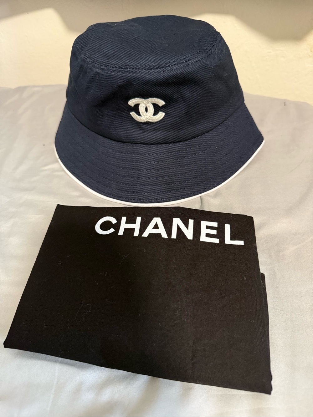 CHANEL Navy and White Bucket Hat with CC Logo